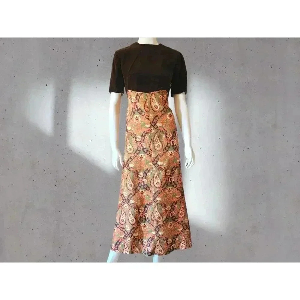 VINTAGE 60s 70s Silk & Velvet Paisley Maxi Dress M